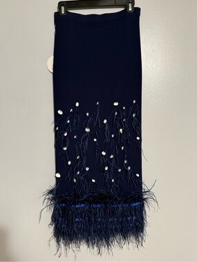 STAUD Navy Feather-Trim Midi Skirt with Shell Embellishments